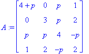 A := matrix([[4+p, 0, p, 1], [0, 3, p, 2], [p, p, 4...