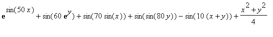 exp(sin(50*x))+sin(60*exp(y))+sin(70*sin(x))+sin(sin(80*y))-sin(10*(x+y))+(x^2+y^2)/4