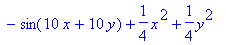F := proc (x, y) options operator, arrow; exp(sin(50*x))+sin(60*exp(y))+sin(70*sin(x))+sin(sin(80*y))-sin(10*x+10*y)+1/4*x^2+1/4*y^2 end proc