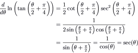 \begin{displaymath}\,\vcenter{\openup.7ex\mathsurround=0pt
\ialign{\strut\hfil...
...{2}\right)} = \frac{1}{\cos(\theta)} = \sec(\theta)\cr\crcr}}\,\end{displaymath}