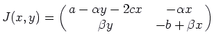 $\displaystyle J(x,y) = \pmatrix{ a - \alpha y - 2 c x & -\alpha
x\cr \beta y & -b + \beta x\cr}$